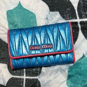 Miu Miu Metallic Blue Wallet with Pink Trim